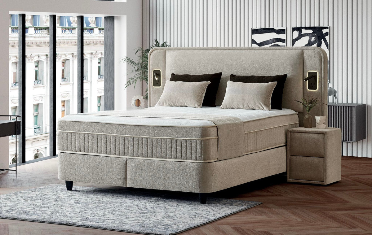 Pat Boxspring TULUM cu ladă de depozitare, structură metalică, saltea premium cu topper integrat, LED-uri incorporate