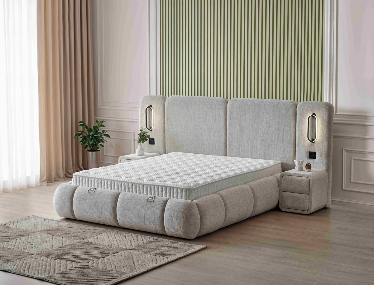 Pat Boxspring MERIVO LUX cu ladă de depozitare, structură metalică, saltea premium, LED-uri incorporate