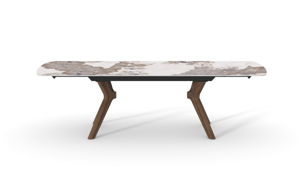 Masă dining extensibilă LINEA 180–260 cm lungime, blat ceramic, finisaj marmură, picioare lemn masiv nuc