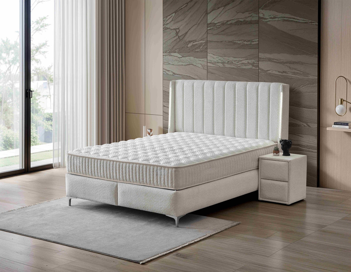 Pat Boxspring LOUVRE cu ladă de depozitare, structură metalică, saltea premium, LED-uri incorporate