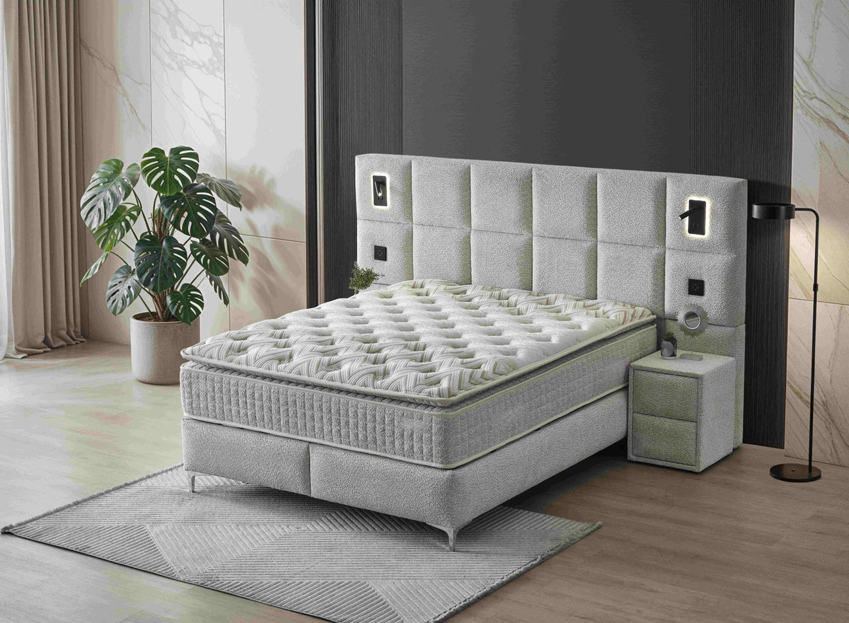 Pat Boxspring IBIZA cu ladă de depozitare, structură metalică, saltea premium cu topper integrat, LED-uri incorporate