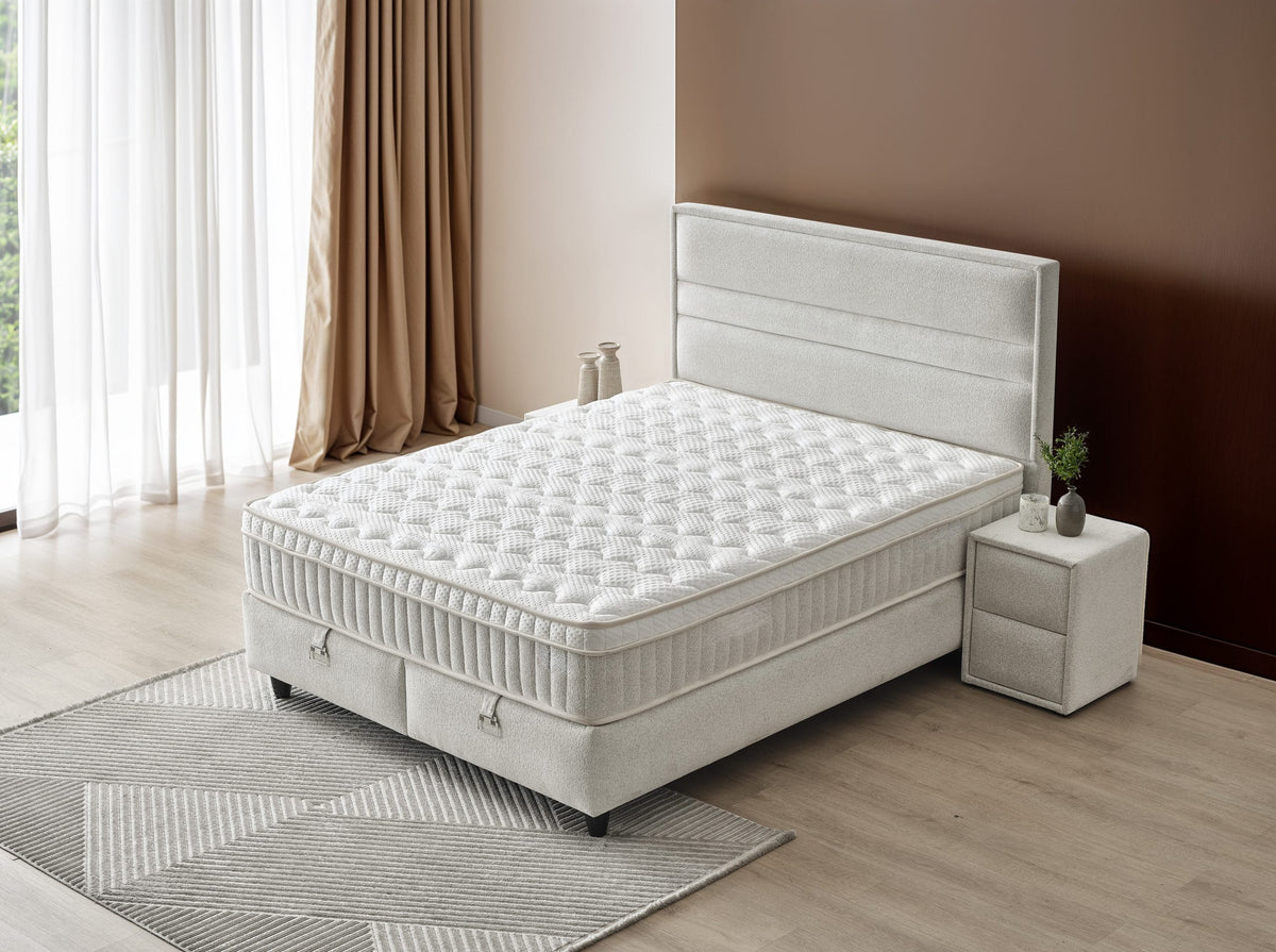Pat Boxspring ASTRA cu ladă de depozitare, structură metalică, saltea premium cu topper integrat