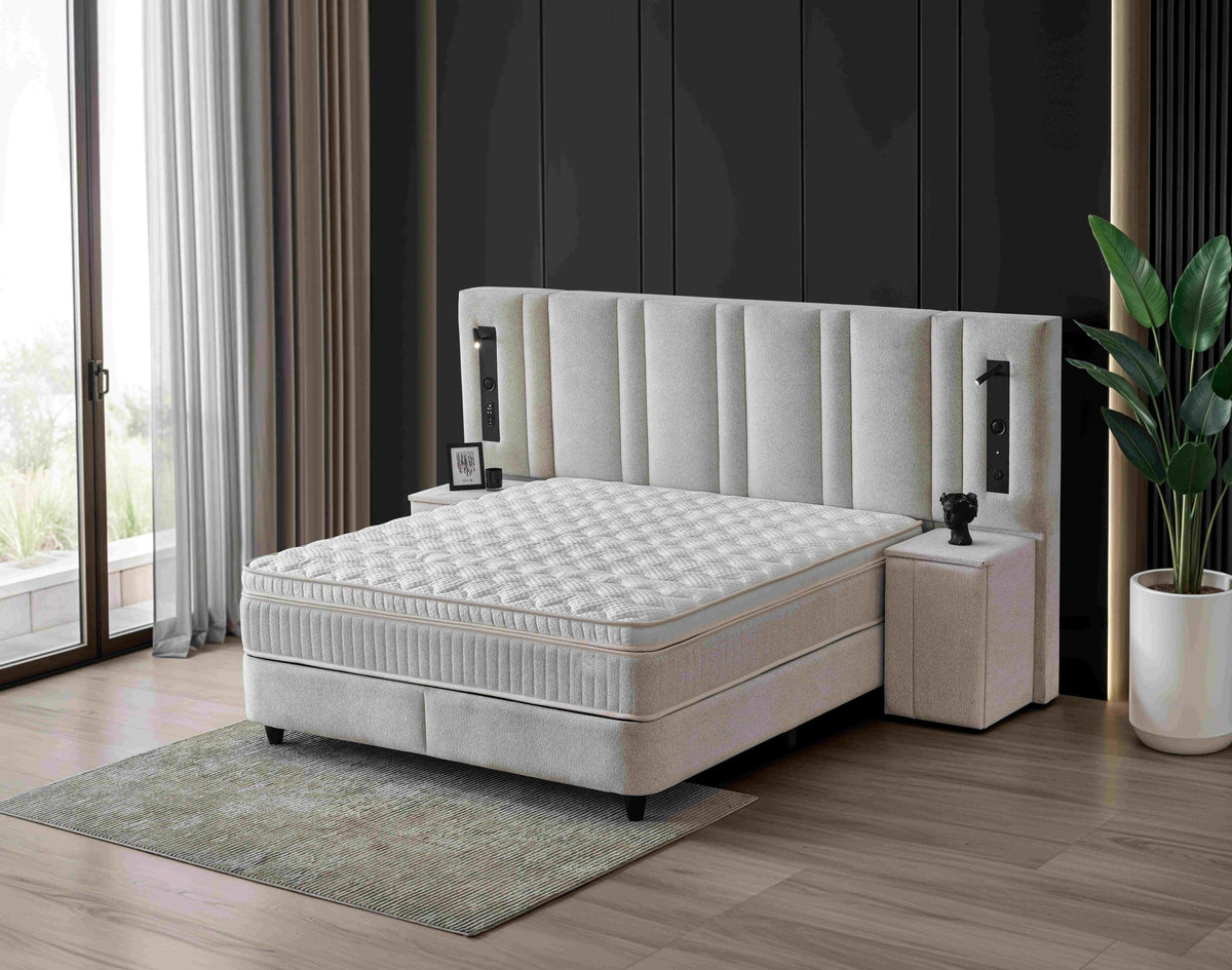 Pat Boxspring MARSILYA cu ladă de depozitare, structură metalică, saltea premium cu topper integrat, LED-uri incorporate