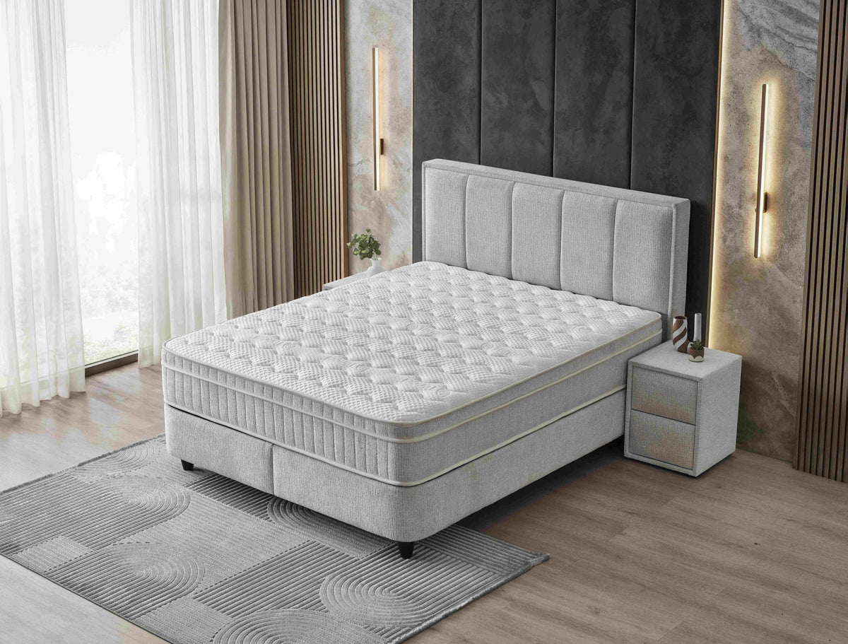 Pat Boxspring ROYCE cu ladă de depozitare, structură metalică, saltea premium cu topper integrat