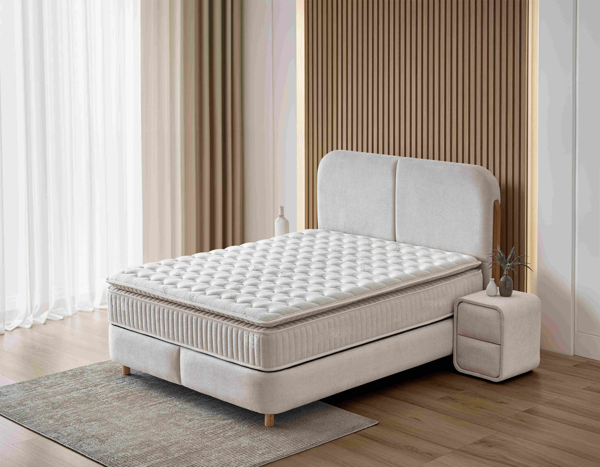 Pat Boxspring PORTO cu ladă de depozitare, structură metalică, saltea premium cu topper integrat