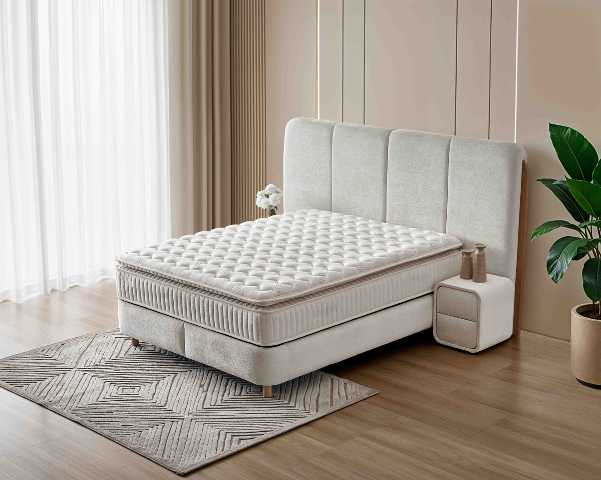 Pat Boxspring MONACO cu ladă de depozitare, structură metalică, saltea premium cu topper integrat