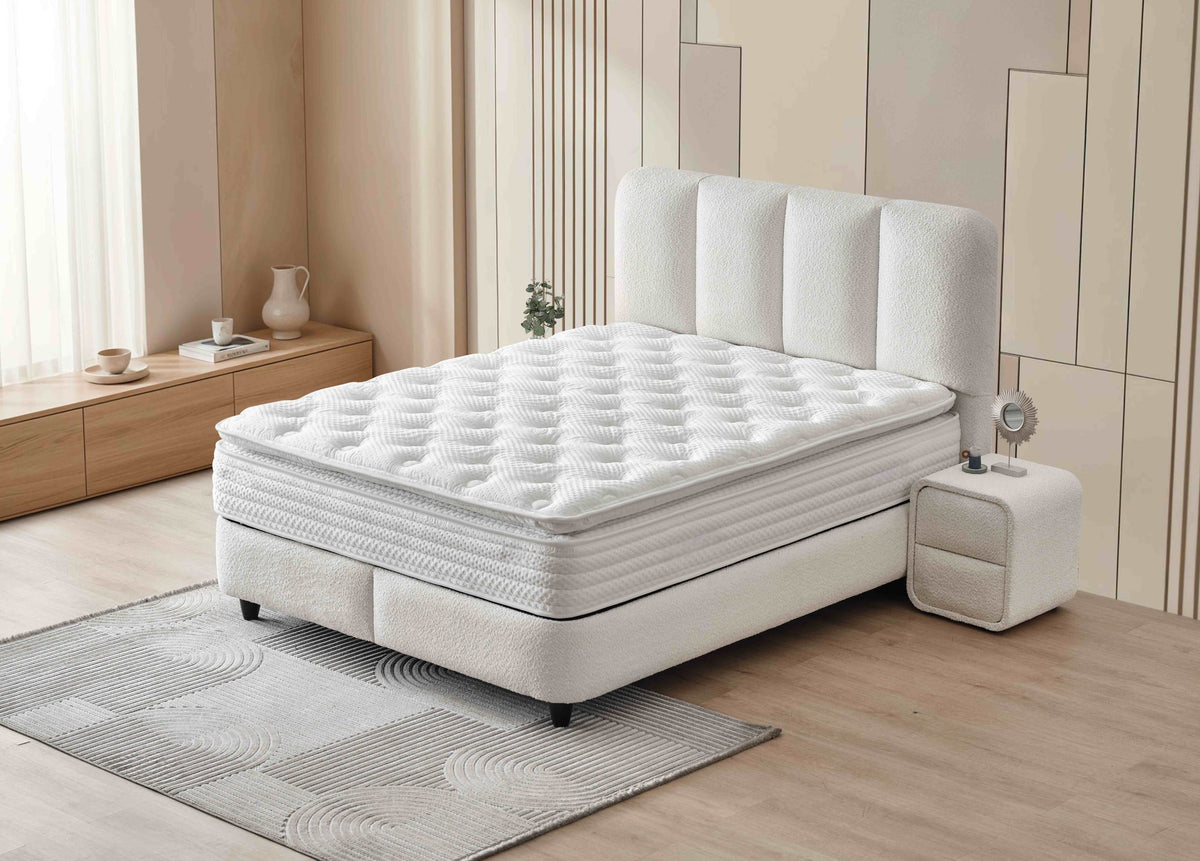 Pat Boxspring LONDON cu ladă de depozitare, structură metalică, saltea premium cu topper integrat