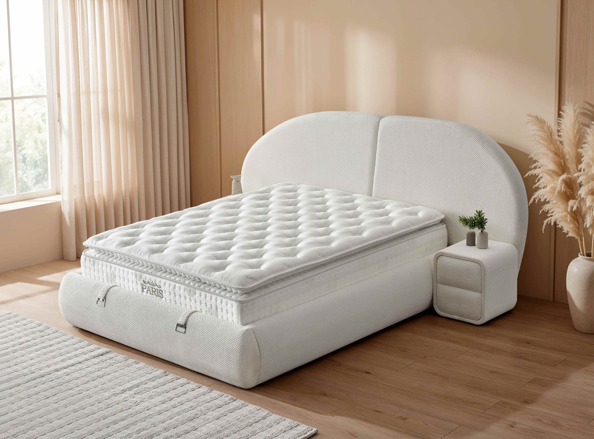 Pat Boxspring PARIS cu ladă de depozitare, structură metalică, saltea premium cu topper integrat