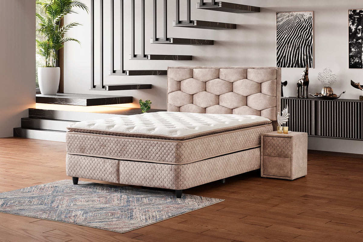 Pat Boxspring ARTE, ladă de depozitare, structura metalica, saltea premium cu topper integrat