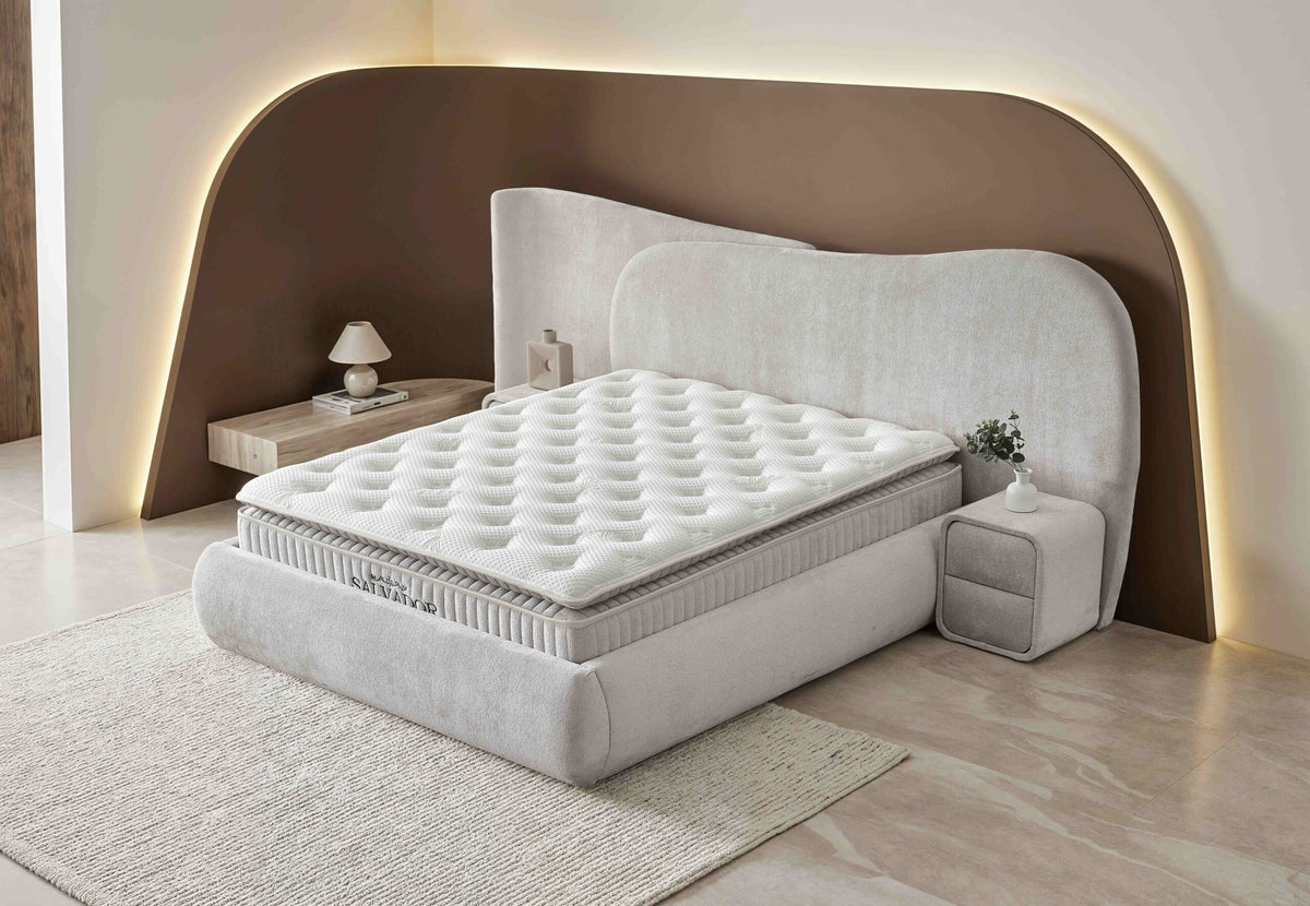 Pat Boxspring SALVADOR cu ladă de depozitare, structură metalică, saltea premium cu topper integrat