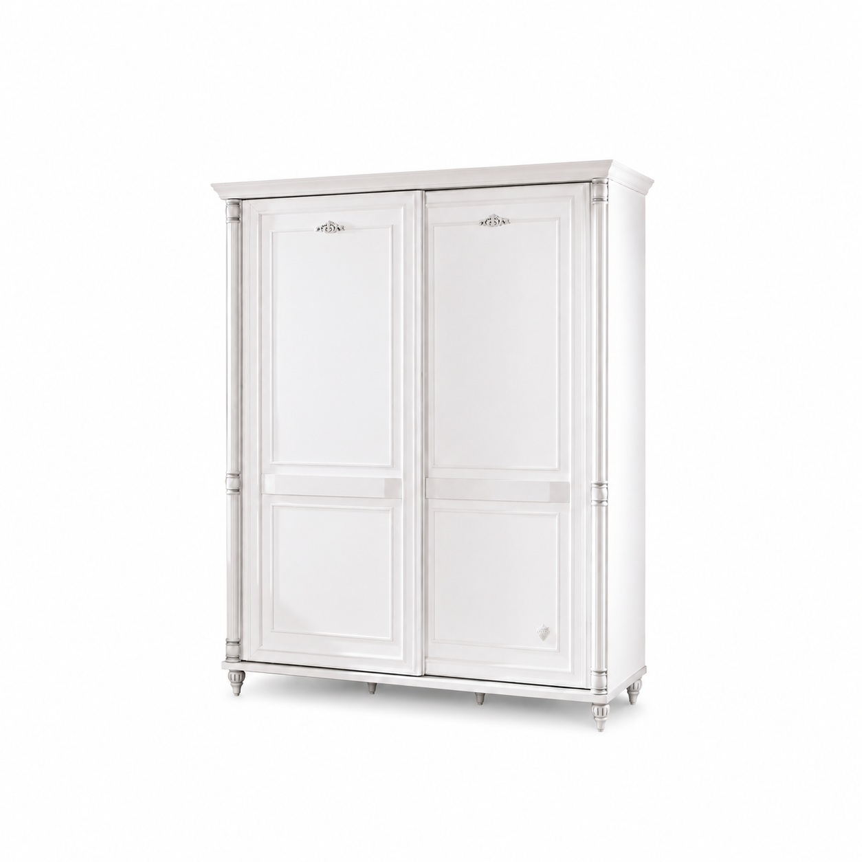 Dulap BELLE 140 cm lățime, 2 uși glisante, finisaj alb antique, accente patinate, bară haine
