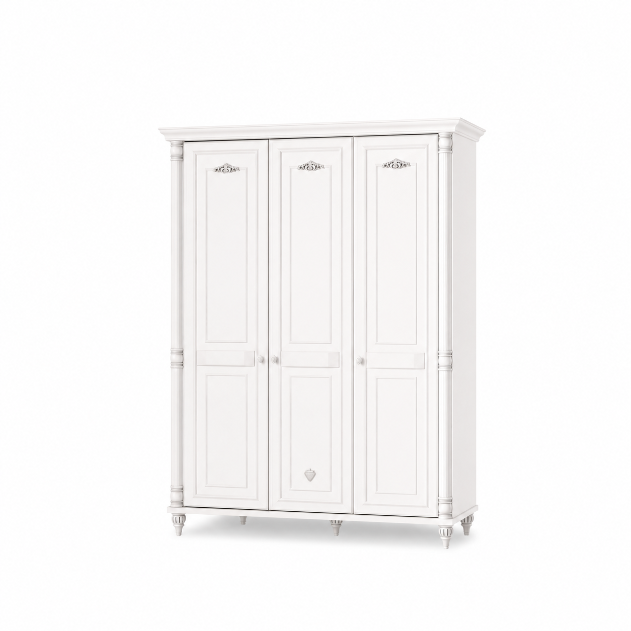 Dulap BELLE 140 cm lățime, 3 uși batante, finisaj alb antique, accente patinate, bară haine