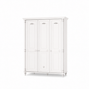 Dulap BELLE 140 cm lățime, 3 uși batante, finisaj alb antique, accente patinate, bară haine