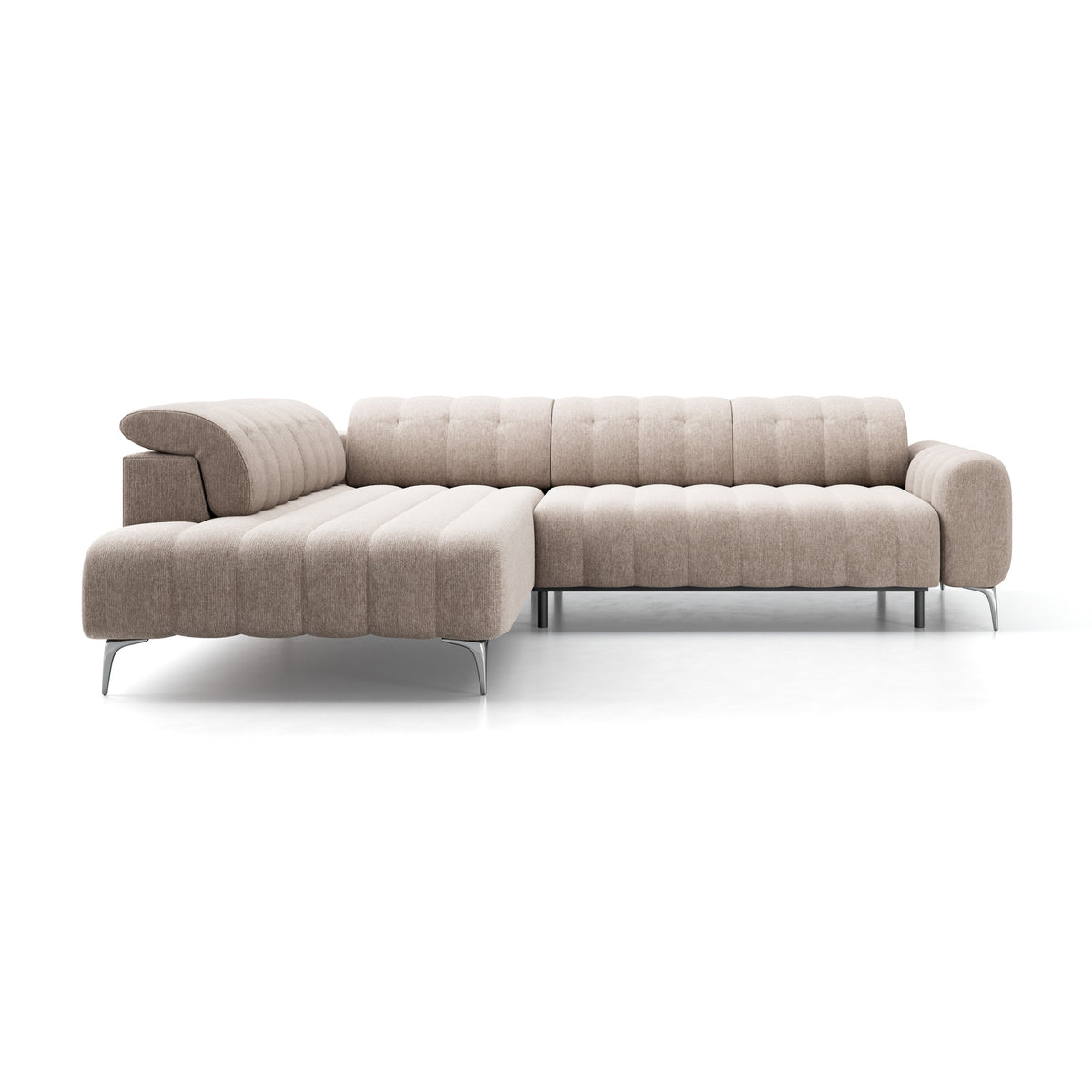 Colțar extensibil electric PORTOFINO 285 cm lungime, tetiere reglabile, formă „L”, bej deschis
