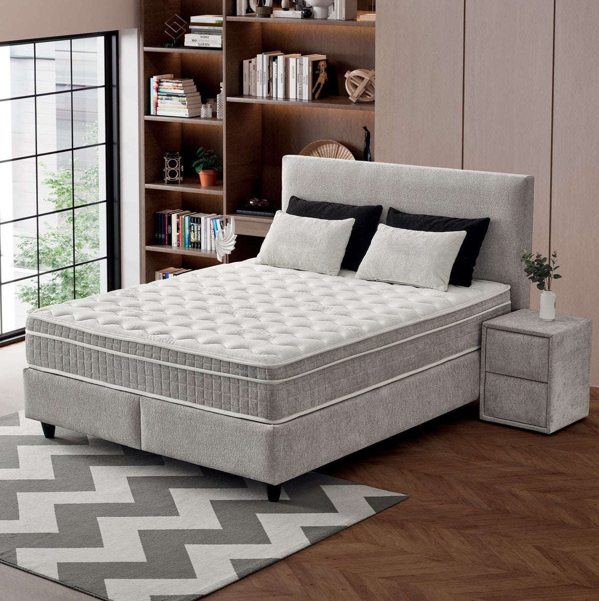 Pat Boxspring COMO cu ladă de depozitare, structură metalică, saltea premium cu topper integrat