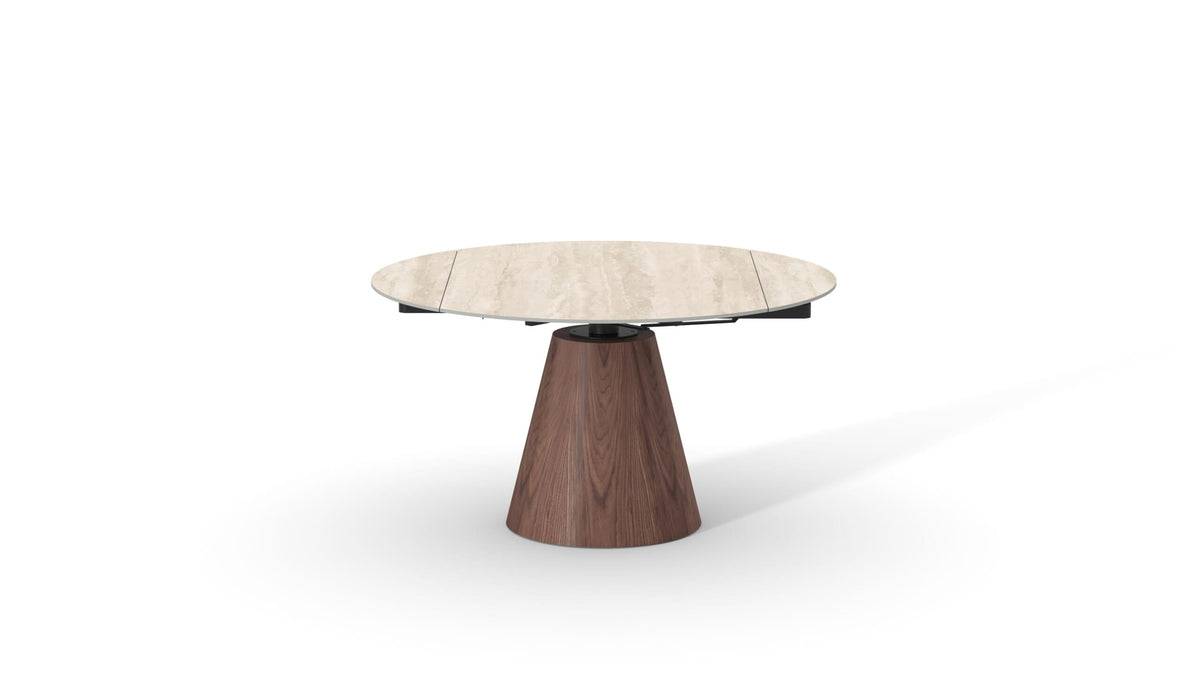Masă dining extensibilă ORBITA 135 cm diametru, blat ceramică, bază furnir de nuc