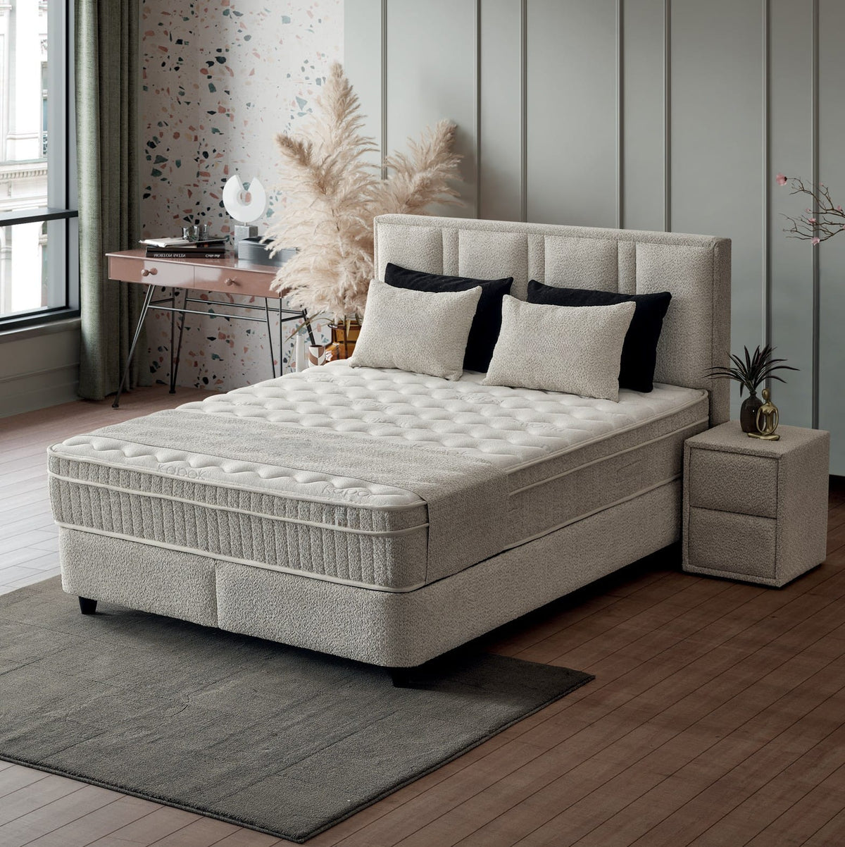 Pat Boxspring PAROS cu ladă de depozitare, structură metalică, saltea premium cu topper integrat