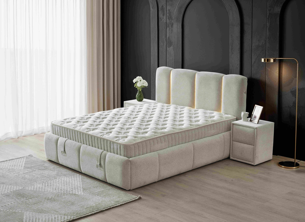 Pat Boxspring ALLURE PRO cu ladă de depozitare, structură metalică, saltea premium, LED-uri integrate