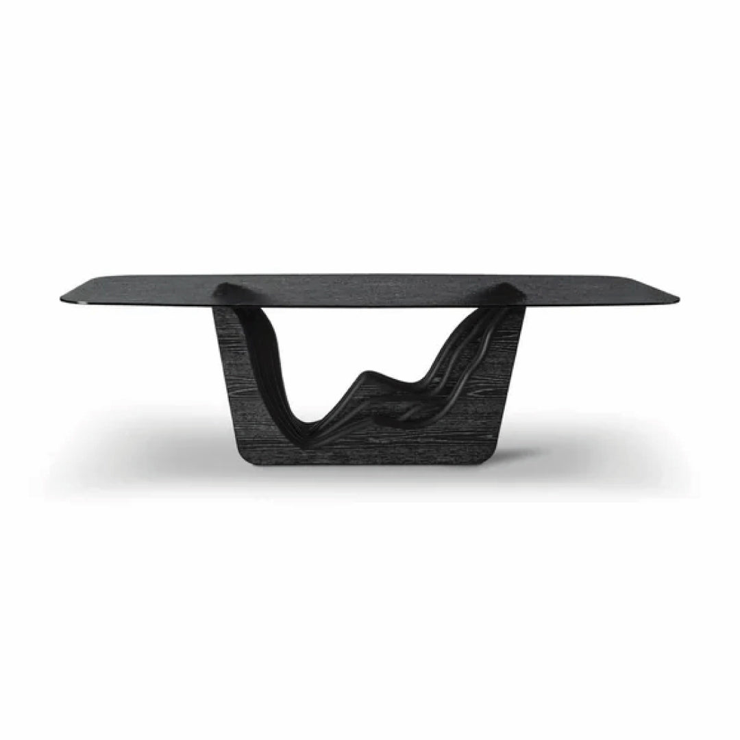 Masă dining ALPINA NOIR 260 cm lungime, blat sticlă securizată, bază lemn placat