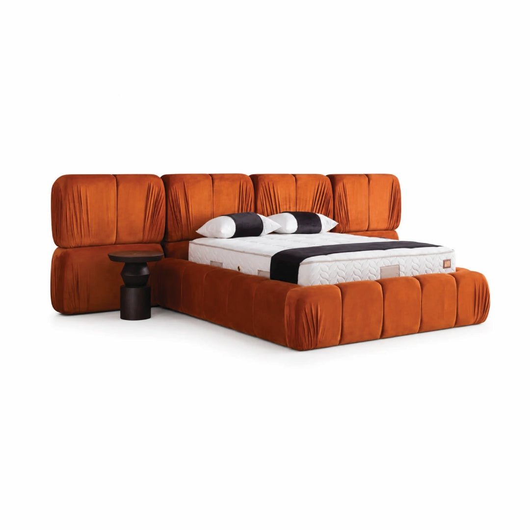 Pat Boxspring AVENTO cu ladă de depozitare, structură metalică, saltea premium, căpătâi modular