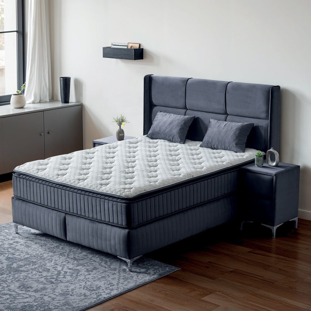 Pat Boxspring BELLA cu ladă de depozitare, structură metalică, saltea premium cu topper integrat