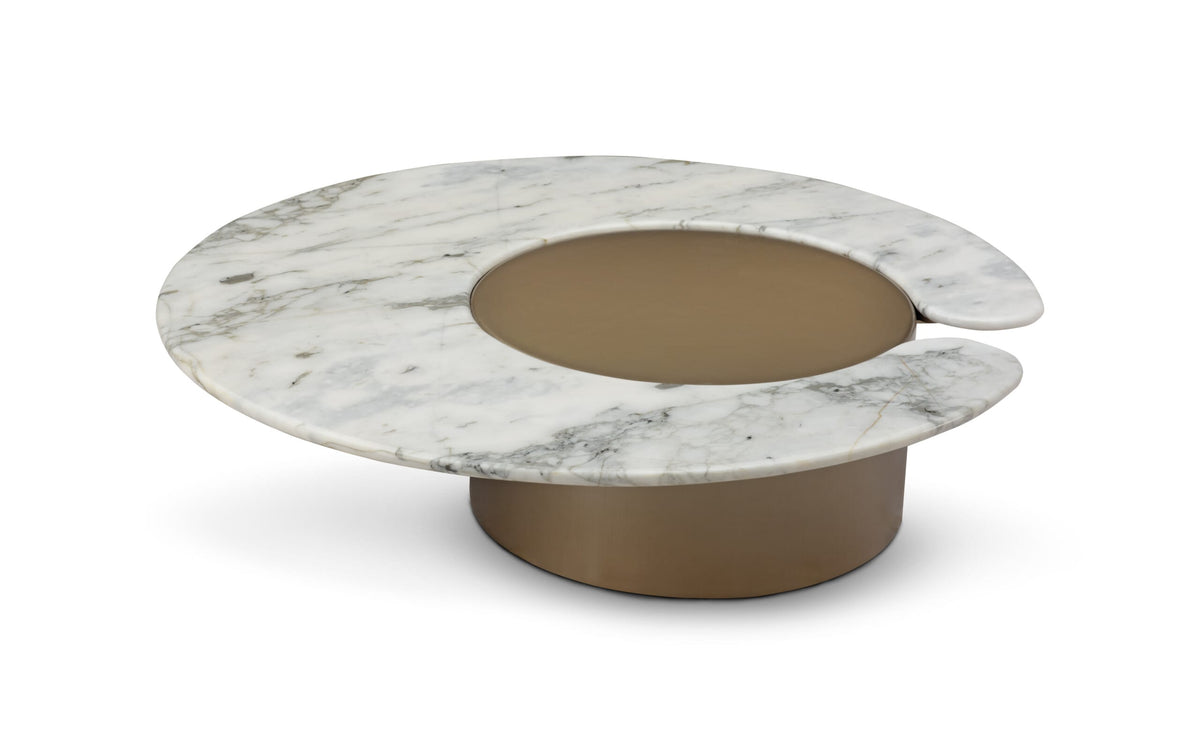Măsuță cafea ARCO 120 cm diametru, blat marmură albă, bază metalică, finisaj alamă