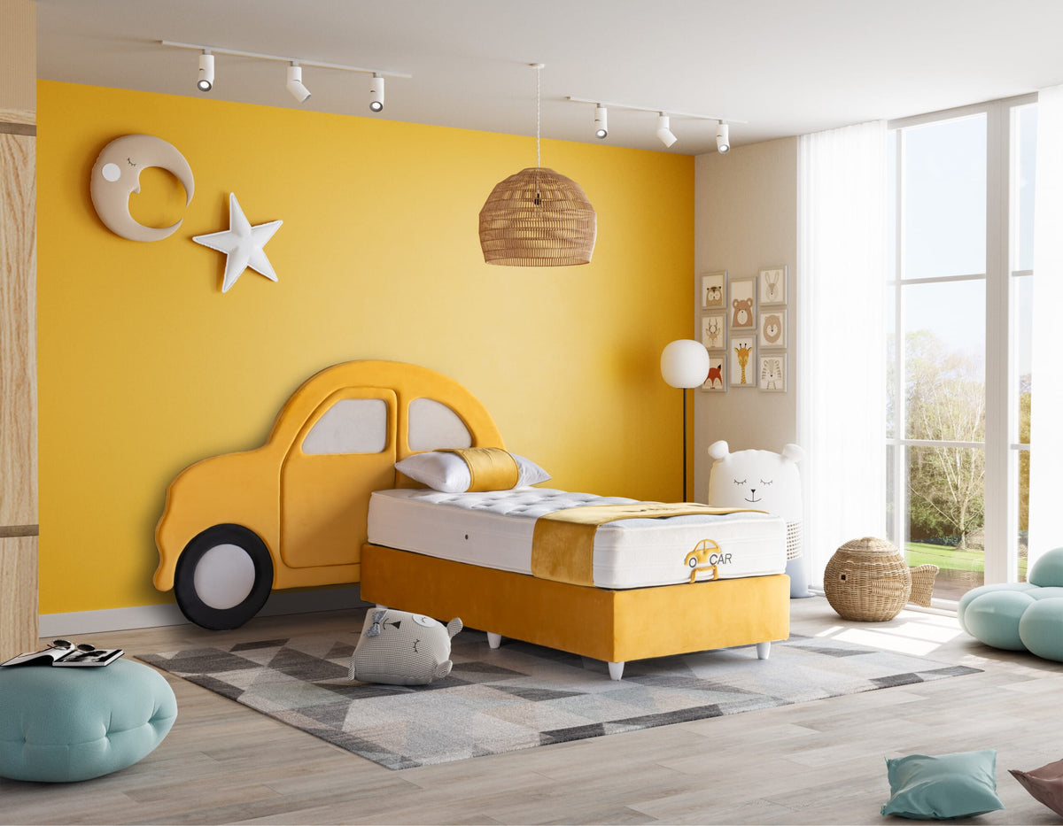 Pat CAR 120×200 cm, tapițat, design mașină, galben, dormitor copii