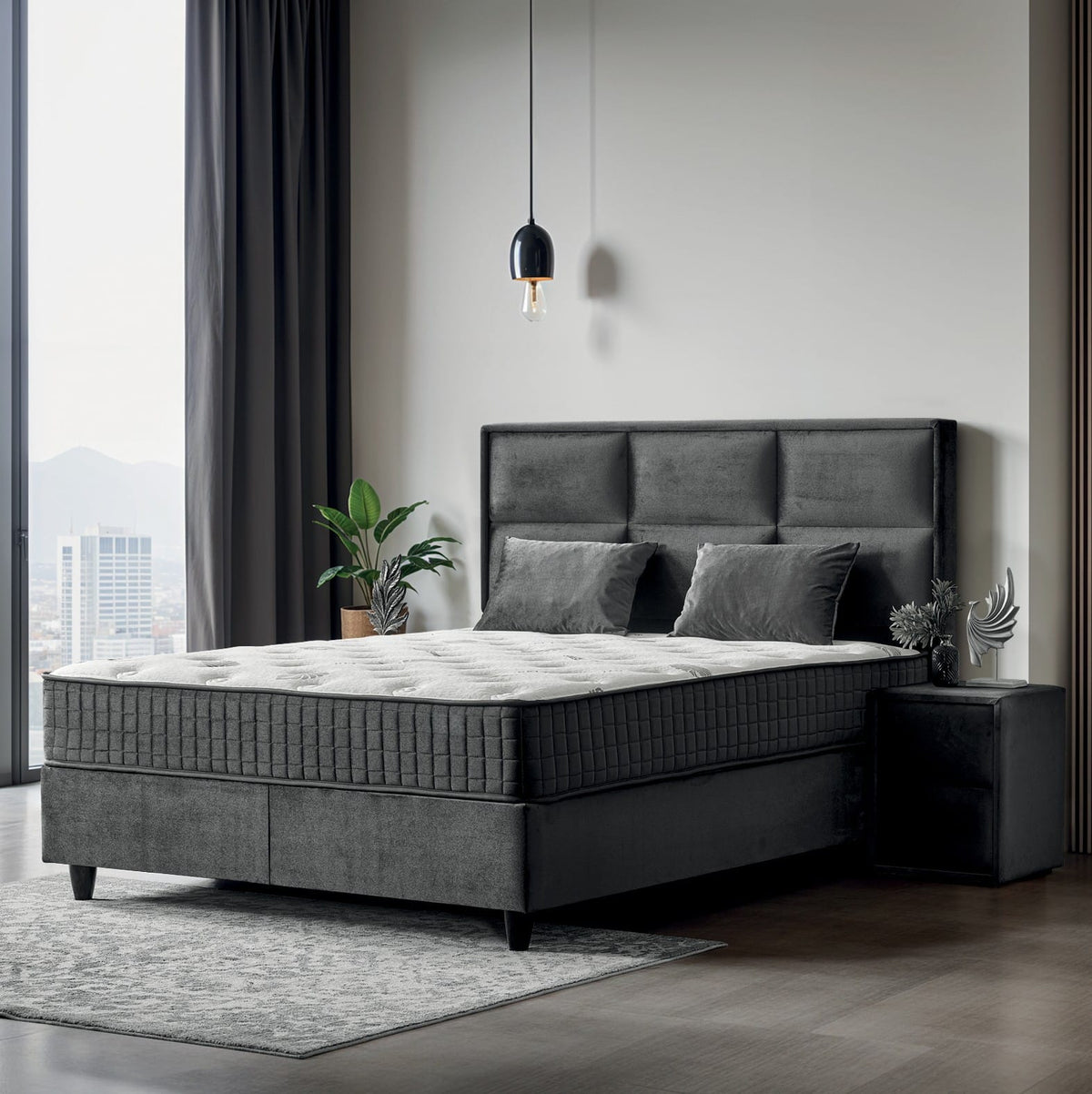 Pat Boxspring CARIA cu ladă de depozitare, structură metalică, saltea premium