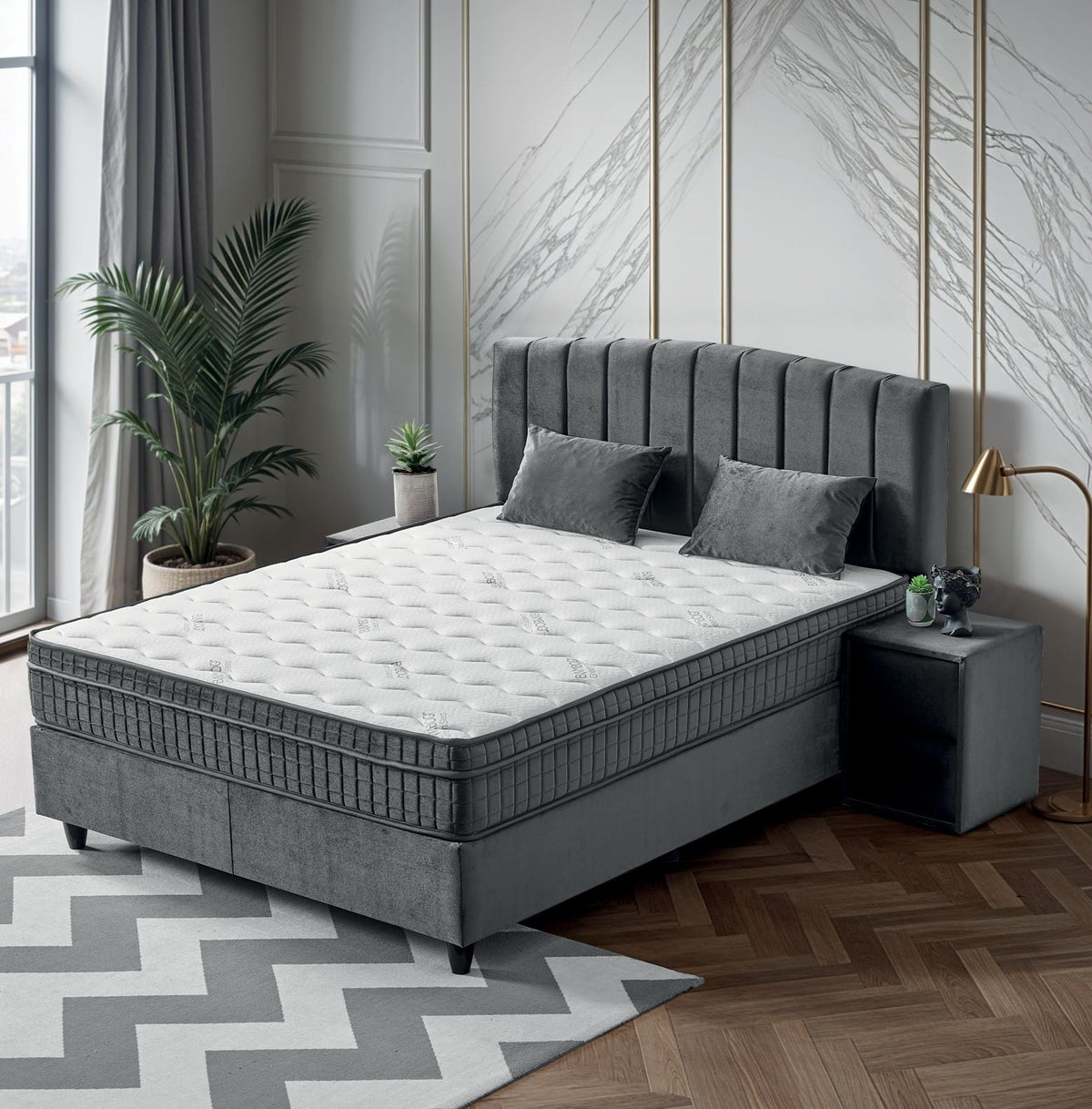Pat Boxspring COSTA cu ladă de depozitare, structură metalică, saltea premium, design modern
