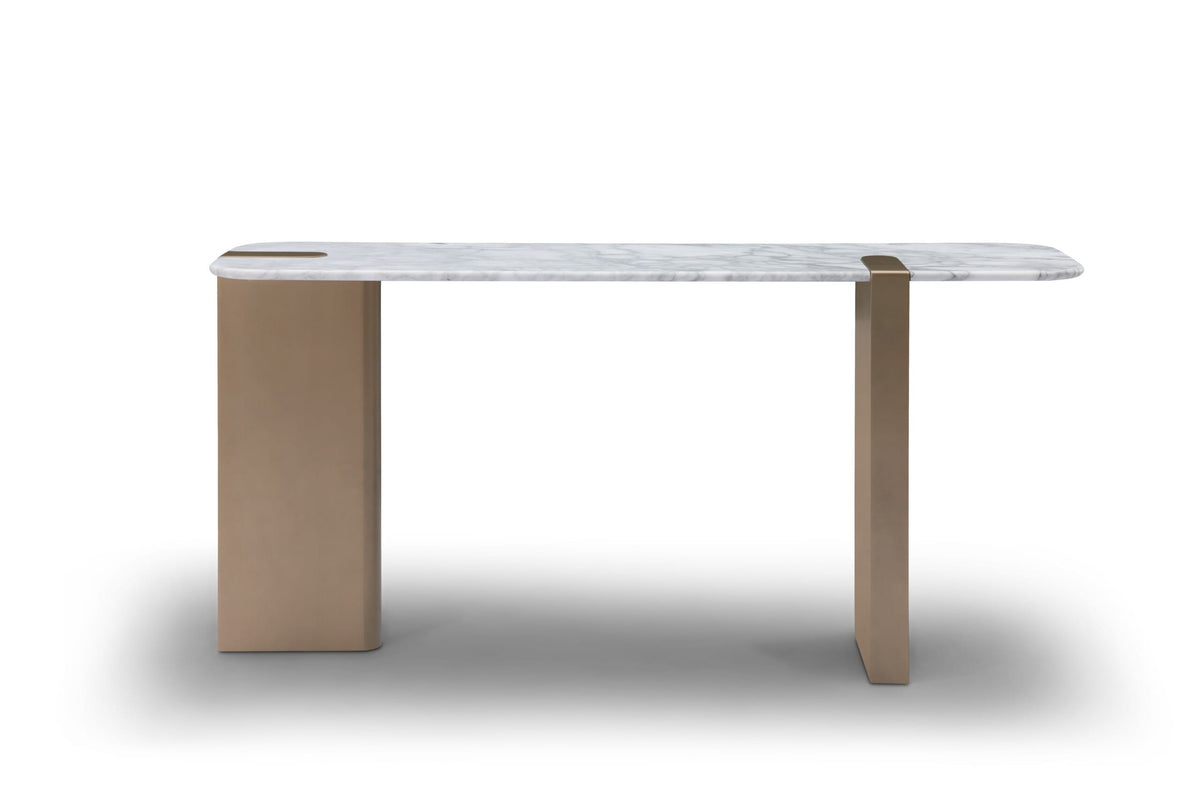 Consolă TRIADA 160 cm lungime, blat marmură naturală albă, bază metalică alamă