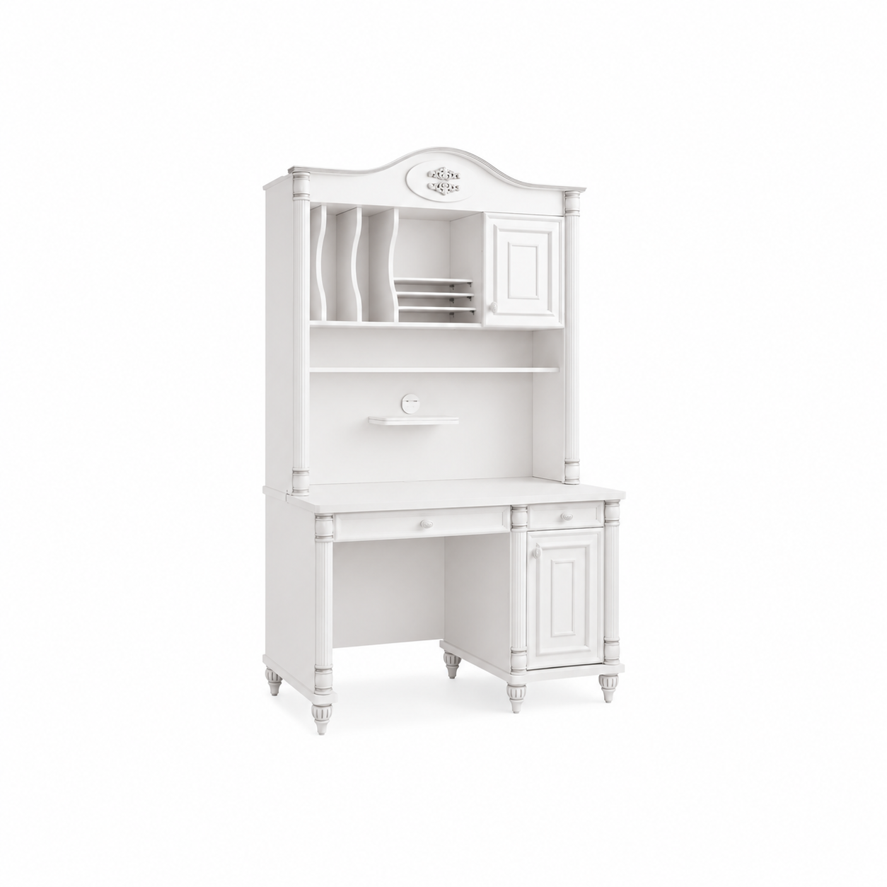 Birou BELLE 117 cm lățime, etajeră integrată, finisaj alb, accente patinate, sertar, dulap lateral