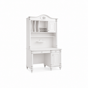 Birou BELLE 117 cm lățime, etajeră integrată, finisaj alb, accente patinate, sertar, dulap lateral