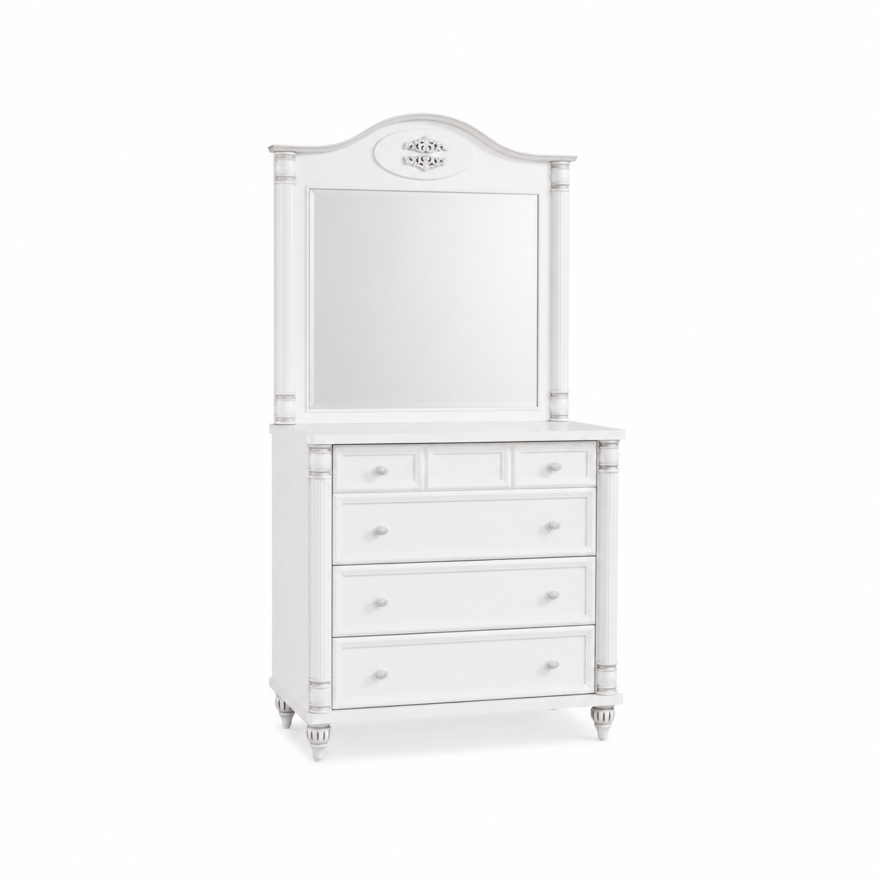 Comodă BELLE 90 cm lățime, oglindă, 4 sertare, finisaj alb antique, accente argintii