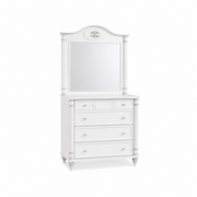 Comodă BELLE 90 cm lățime, oglindă, 4 sertare, finisaj alb antique, accente argintii