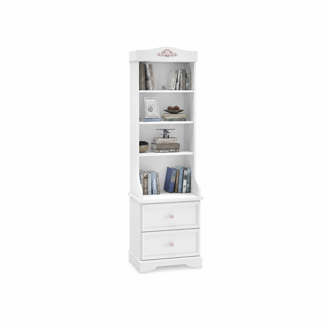 Bibliotecă BUTTERFLY 54 cm lățime, finisaj alb soft-mat, 2 sertare, rafturi deschise