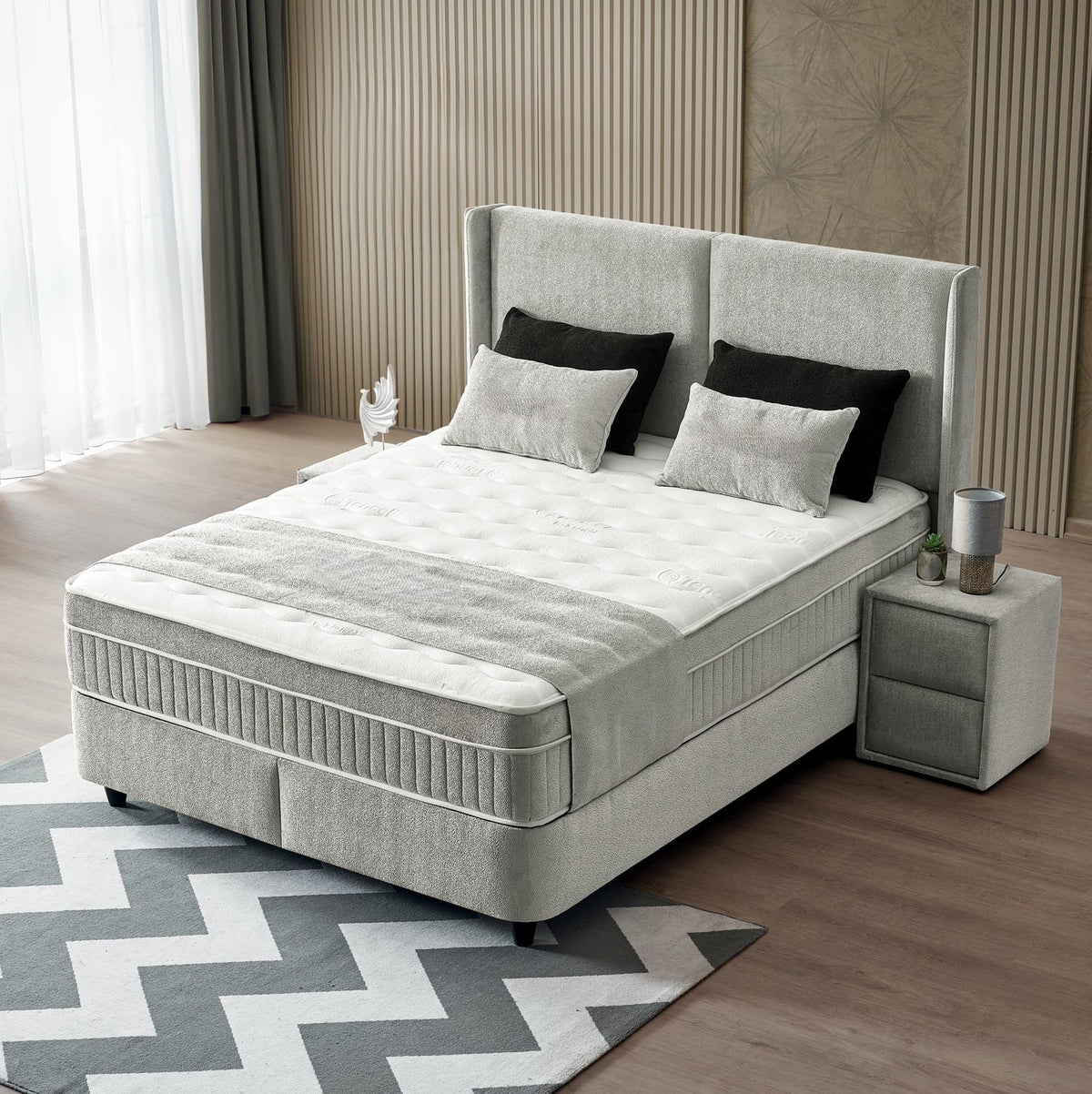 Pat Boxspring DIANA cu ladă de depozitare, structură metalică, saltea premium cu topper integrat