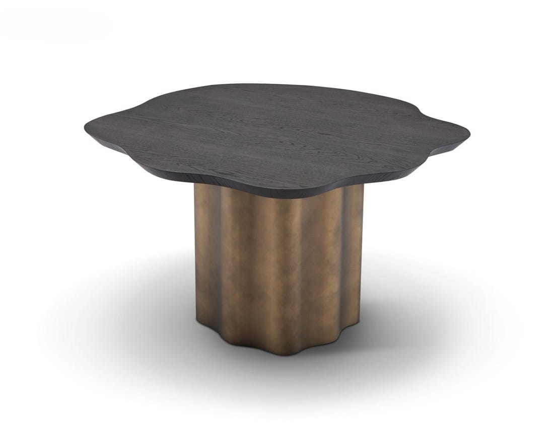 Măsuță cafea CALYX 80 cm lungime, blat furnir ulm gri închis, bază metalică brass