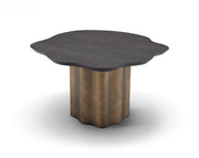 Măsuță cafea CALYX 80 cm lungime, blat furnir ulm gri închis, bază metalică brass