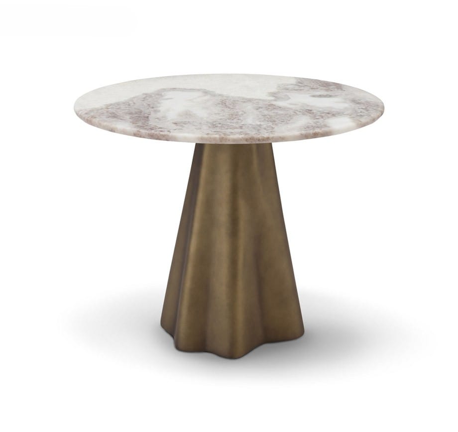 Măsuță cafea BELLAGIO 60 cm diametru, blat marmură albă, bază metalică brass