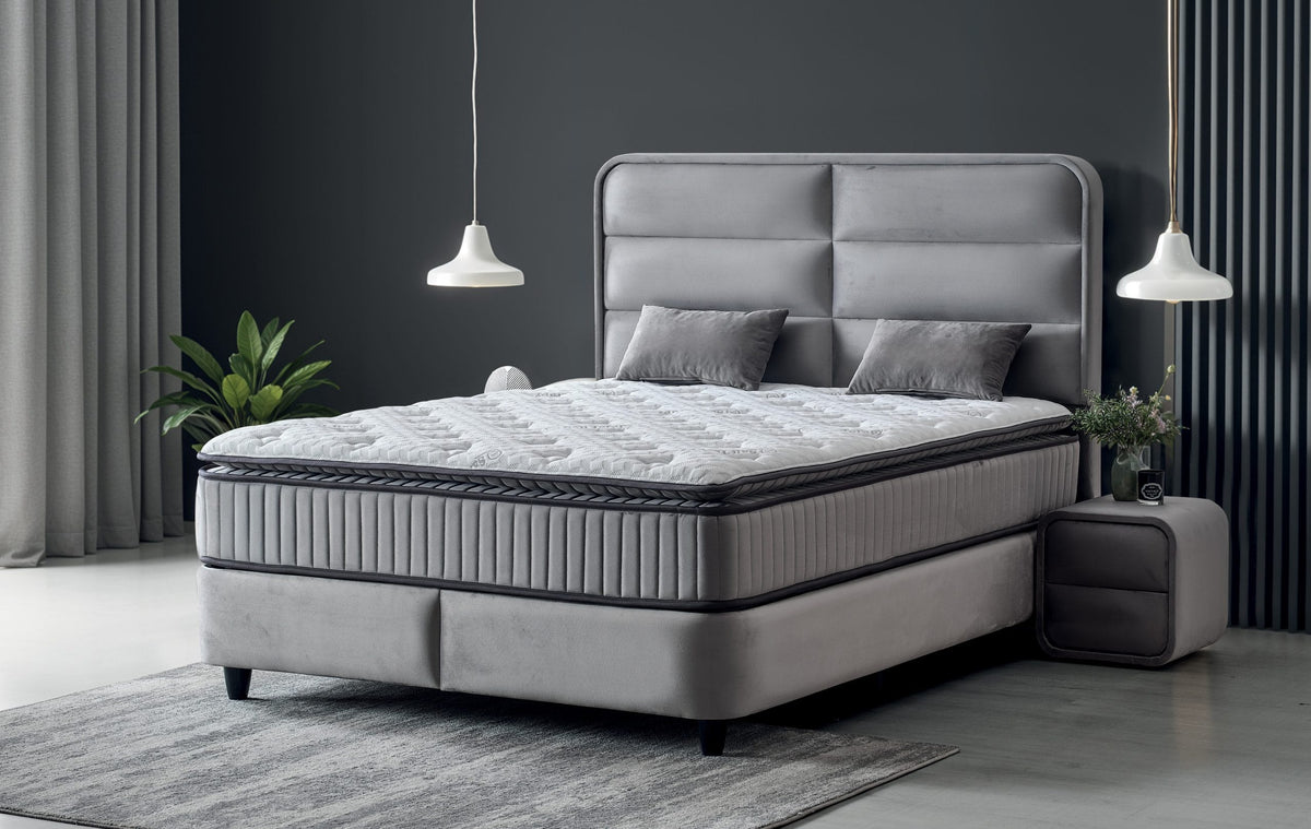 Pat Boxspring FALLONE cu ladă de depozitare, structură metalică, saltea premium cu topper integrat