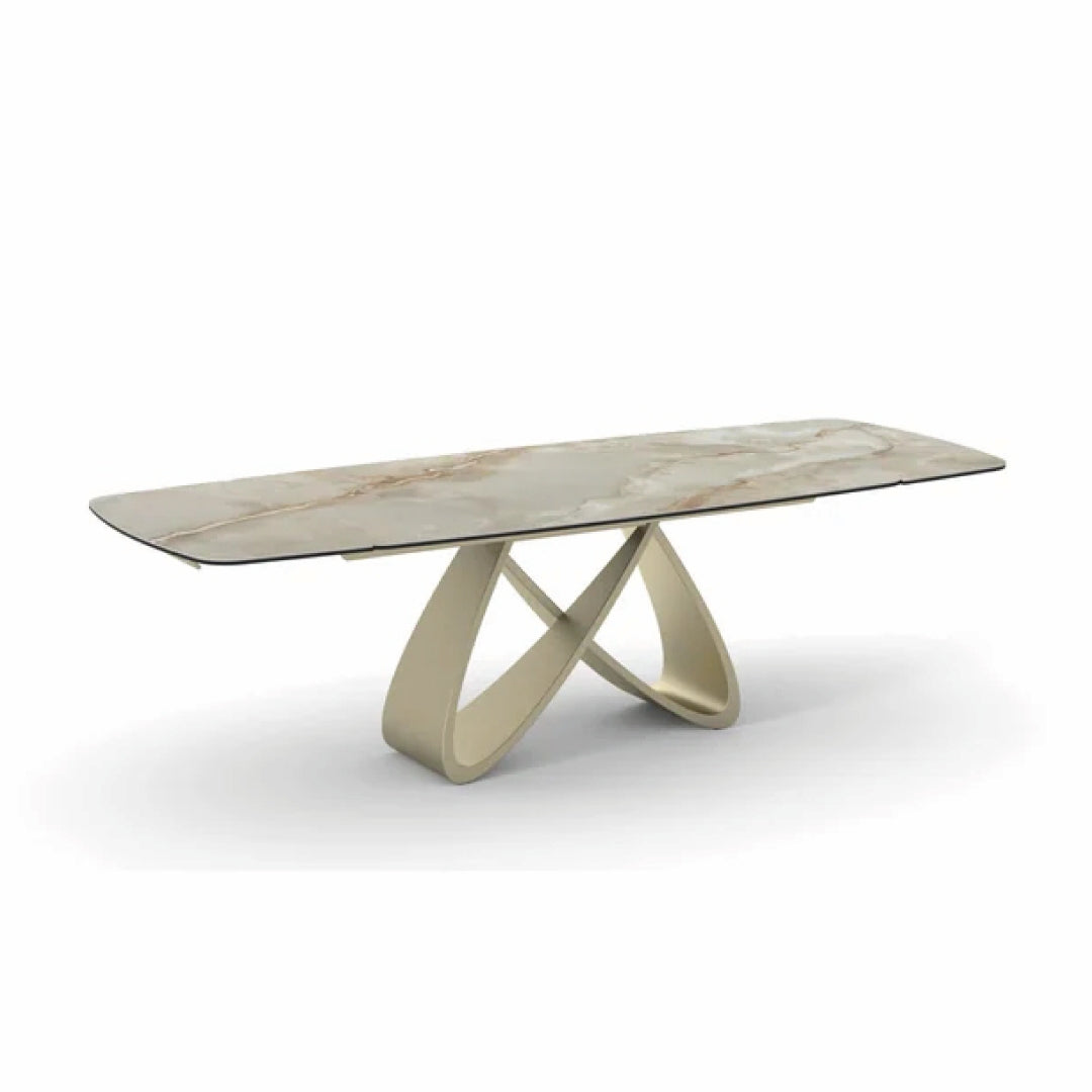 Masă dining extensibilă FIRENZE 180–260 cm lungime, blat ceramică, finisaj marmură, bază metalică