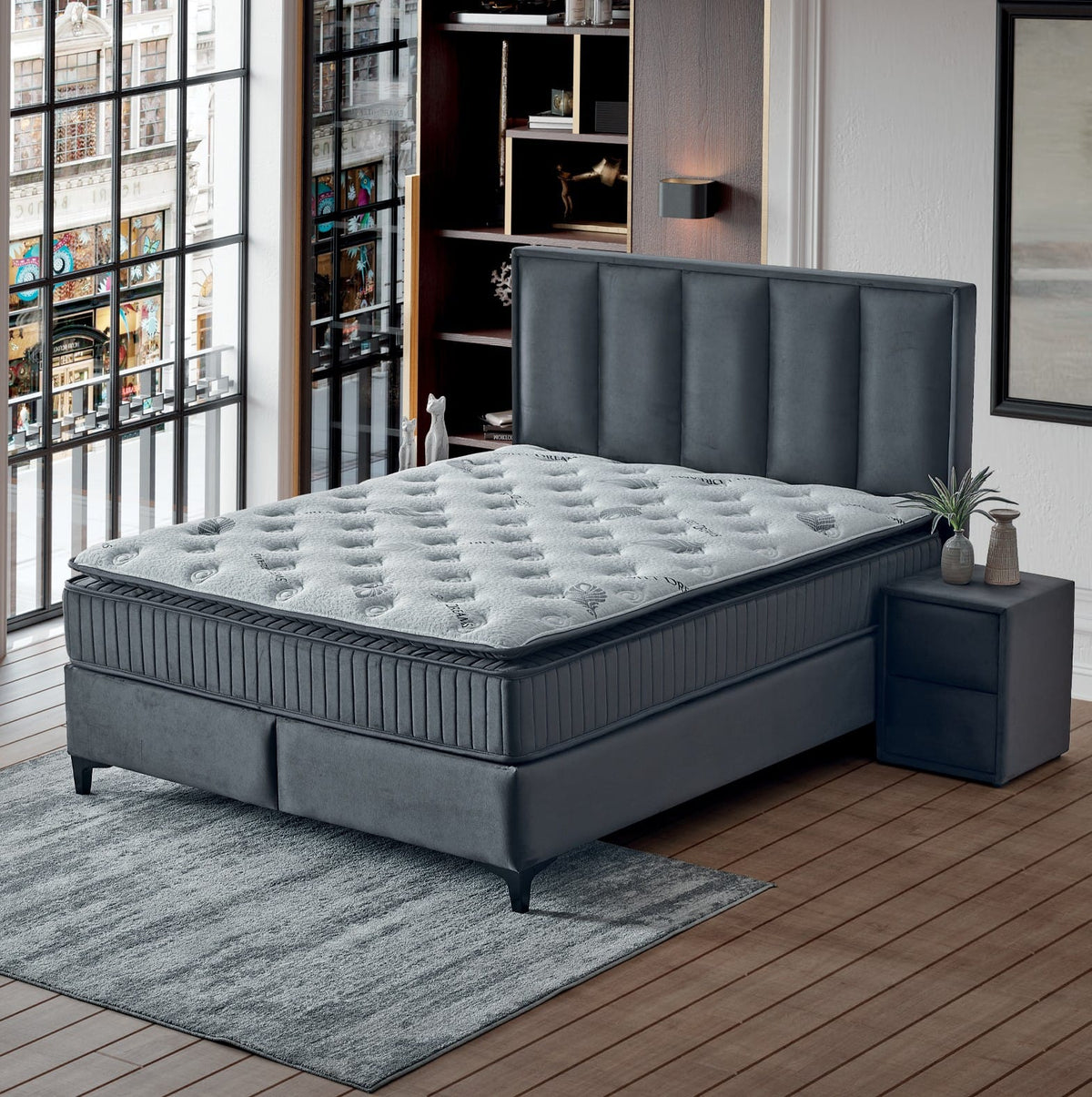 Pat Boxspring HERMES cu ladă de depozitare, structură metalică, saltea premium cu topper integrat