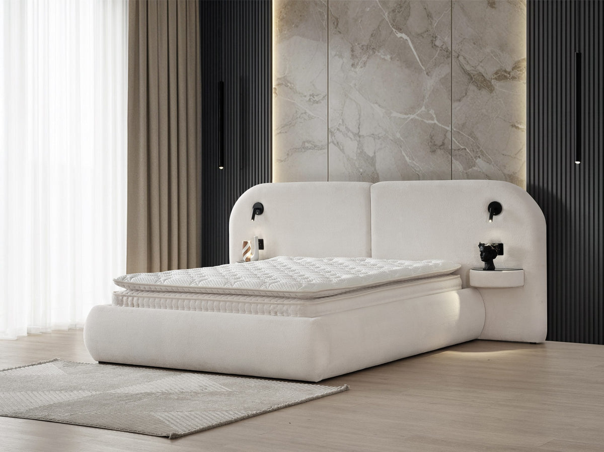 Pat Boxspring ELYSIA cu ladă de depozitare, structură metalică, saltea premium cu topper integrat, LED-uri si charger USB incorporate, noptiere incluse