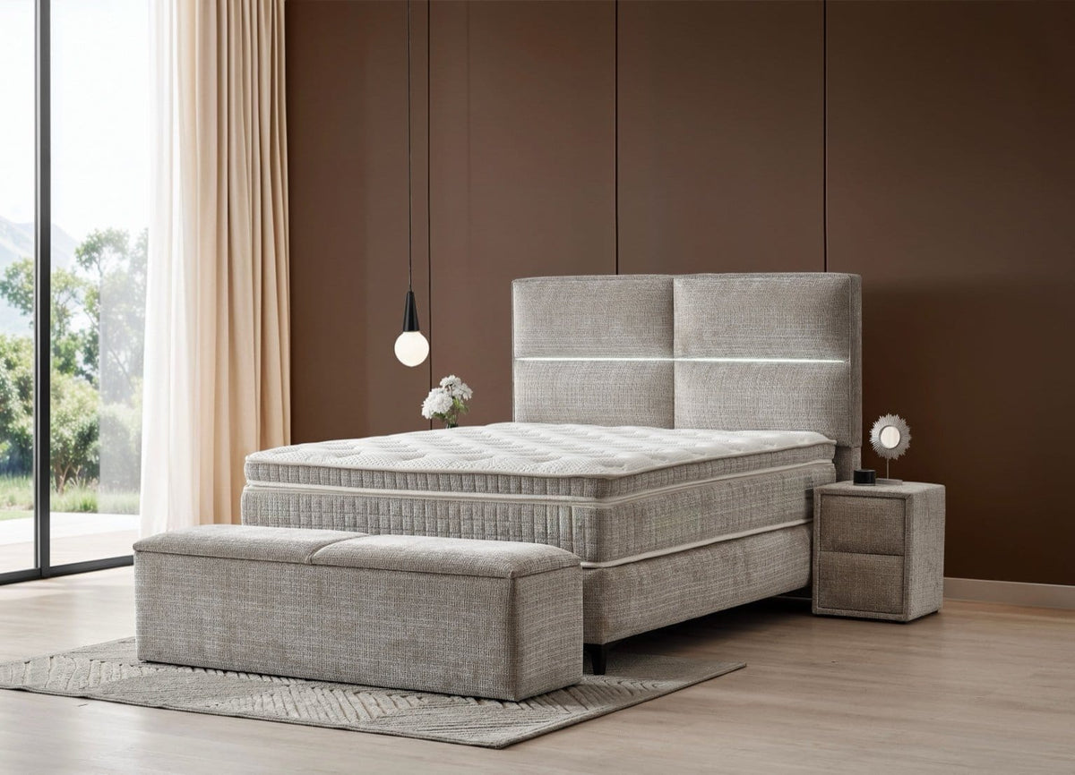 Pat Boxspring MAJESTIC cu ladă de depozitare, structură metalică, saltea premium cu topper integrat, LED-uri integrate