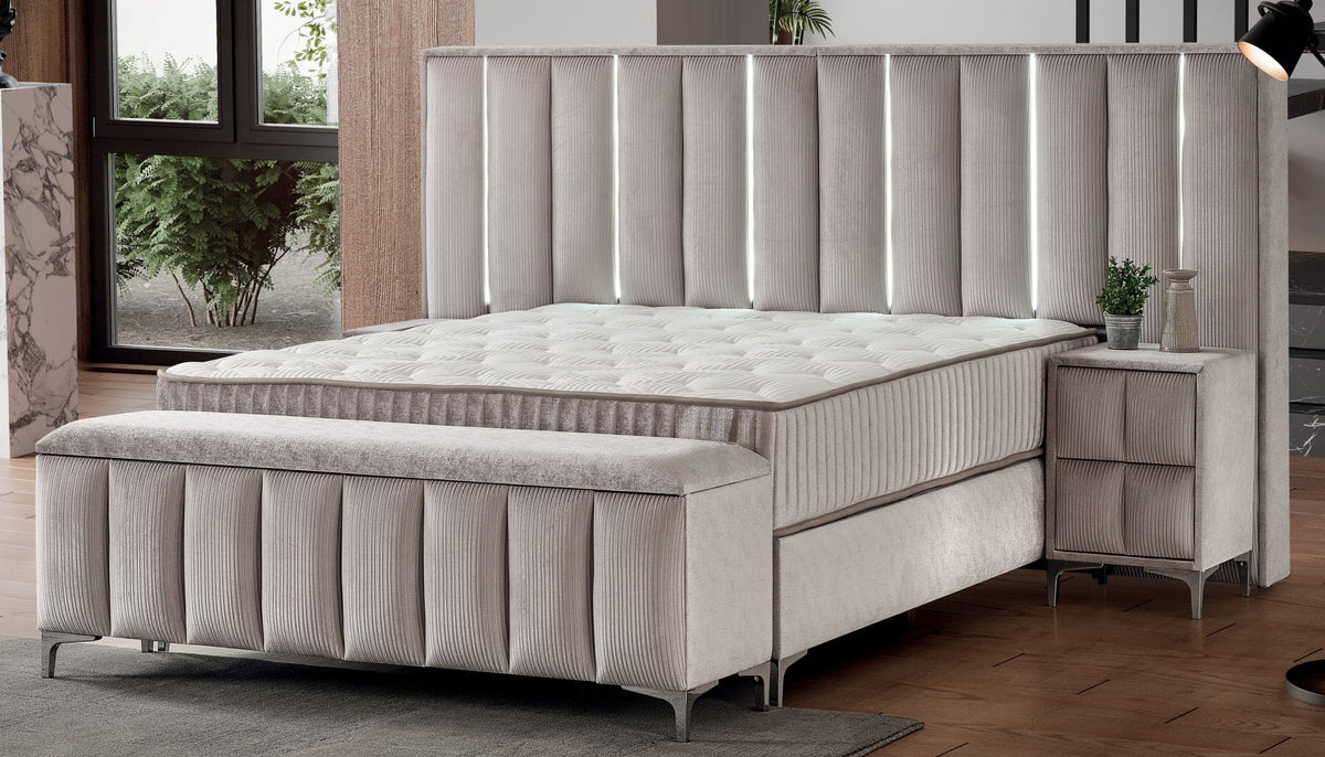 Pat Boxspring STARLIGHT cu ladă de depozitare, saltea premium, structură metalică, LED-uri și charger USB incorporate