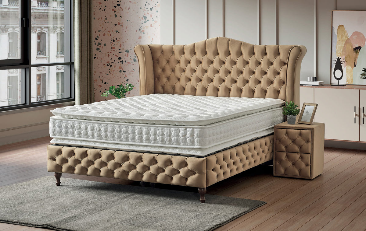 Pat Boxspring IMPERIAL cu ladă de depozitare, structură metalică, saltea premium cu topper integrat