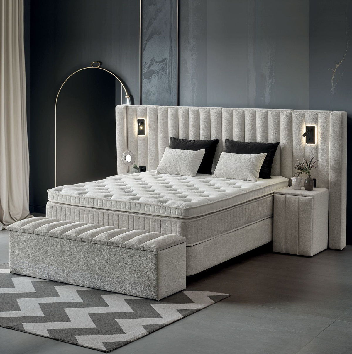 Pat Boxspring PALAZO cu ladă de depozitare, structură metalică, saltea premium cu topper integrat, LED-uri incorporate