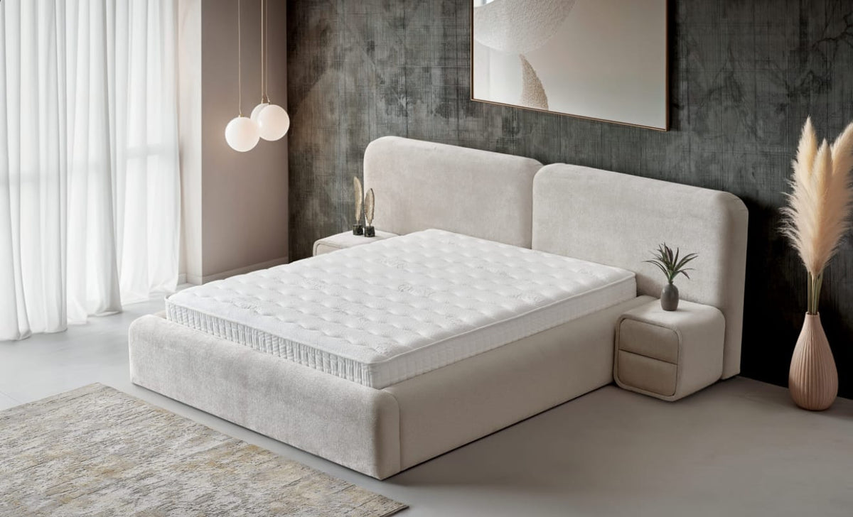 Pat Boxspring BORA BORA cu ladă de depozitare, structură metalică, saltea premium