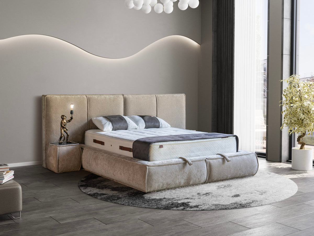 Pat Boxspring SEOSSA cu ladă de depozitare, structură metalică, saltea premium