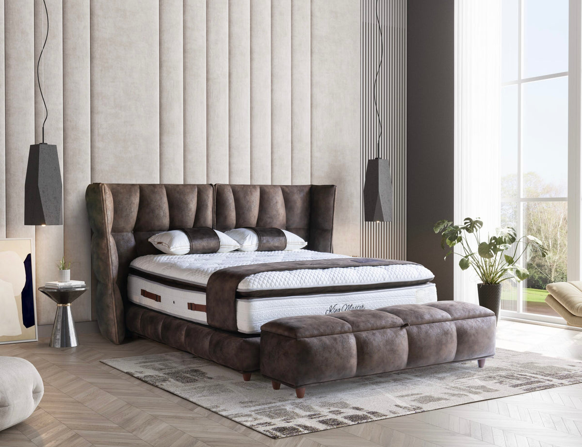 Pat Boxspring KING MASTER cu ladă de depozitare, structură metalică, saltea premium cu topper integrat